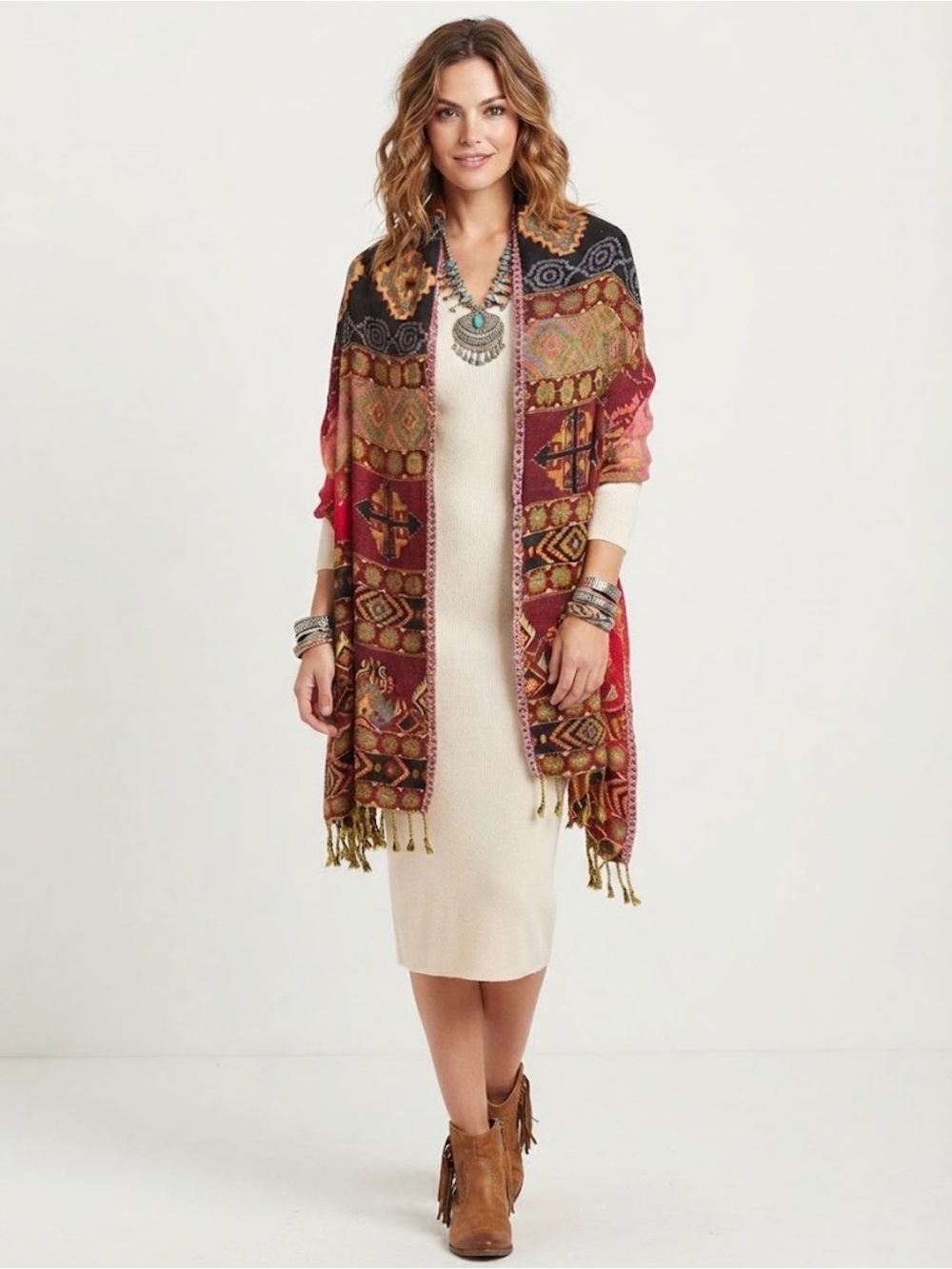 Boho Reversible Geometric Pattern Scarf Wrap Shawl Aztec Tribal Fringe